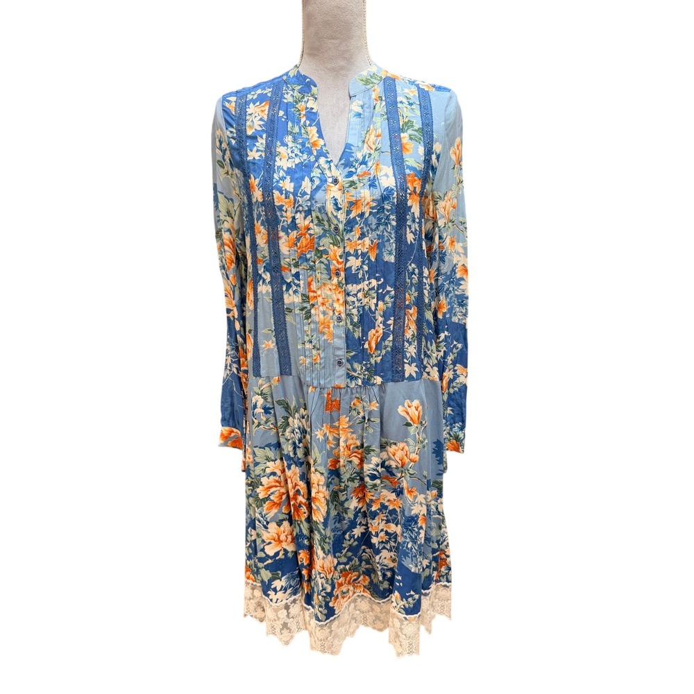 TINY Anthropologie Floral Dress Blue Lace Pockets S Drop Waist Cottagecore